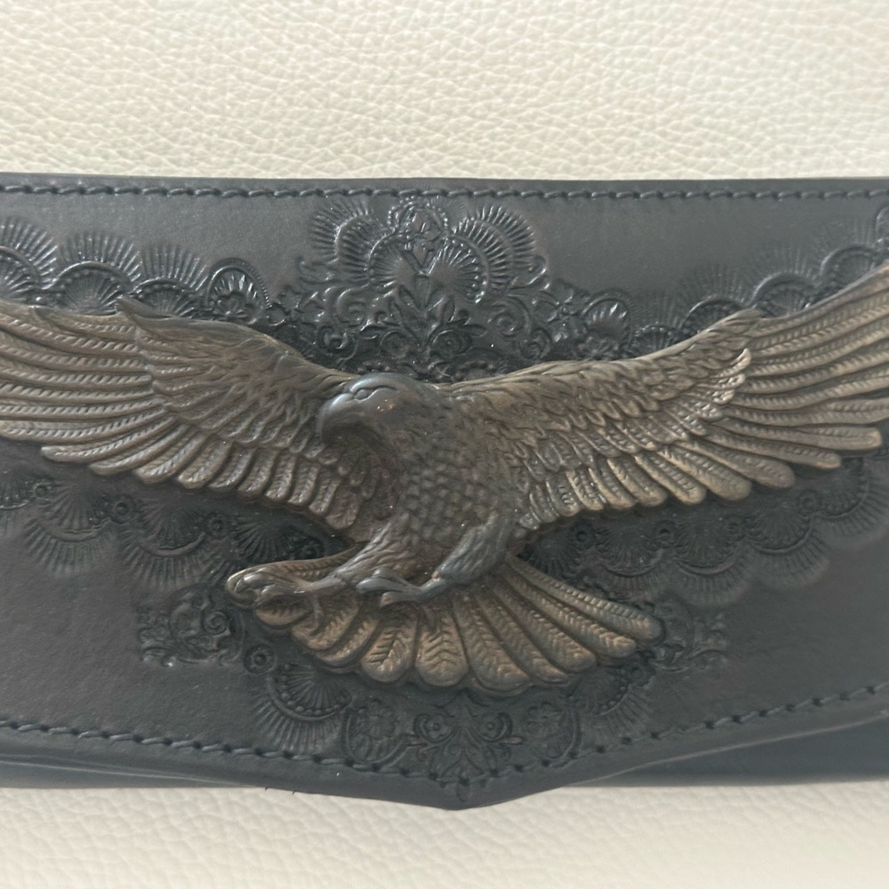 Buffalo Girl Black Leather Wallet w/ embroidery& Embossed Eagle Design NWOT OOAK